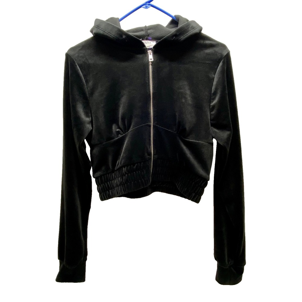 Zenana Cropped Full Zip Hoodie Women's Medium Black Velour Soft Activewear EU